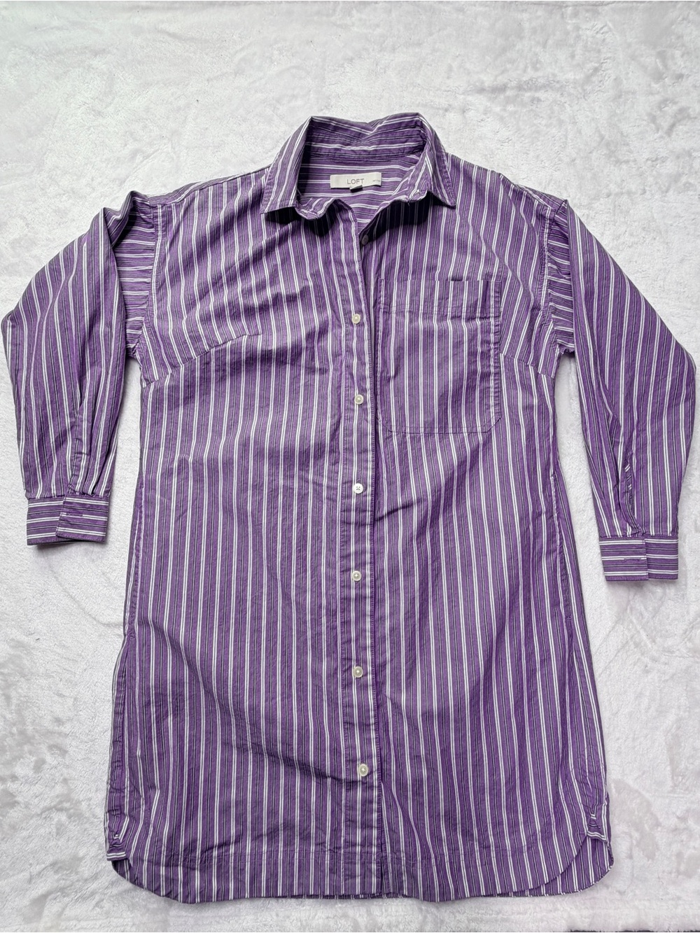 LOFT Purple and White Striped Midi Shirt Dress, classic preppy old money style - Picture 3 of 11